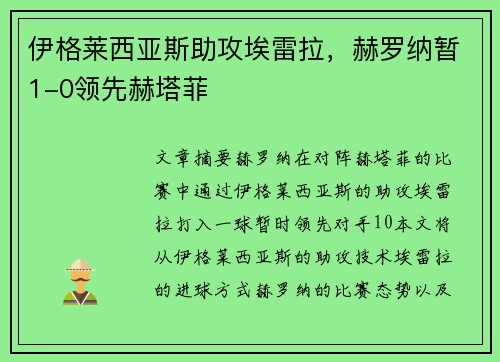 伊格莱西亚斯助攻埃雷拉，赫罗纳暂1-0领先赫塔菲